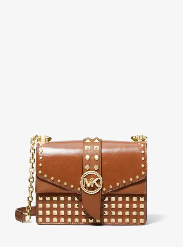 Damske Prenosná Taška Michael Kors Greenwich Extra-Small Studded Patent Leather Hnede - Kabelky Michael Kors Slevy | HLMFP-6951